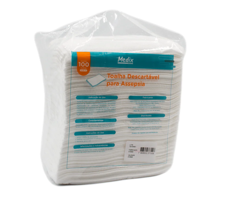 Toalha descartável para assepsia 50g 30cm x 35cm com 100 unidades Medix