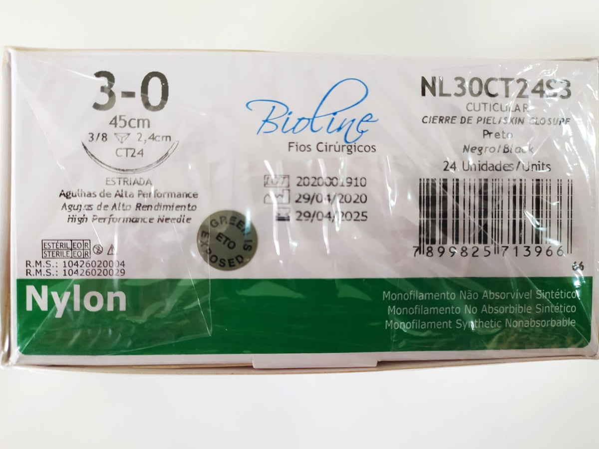 Fio Nylon 3-0 ag 3/8 cor 2,4-45cm-cx c/ 24 unid Bioline