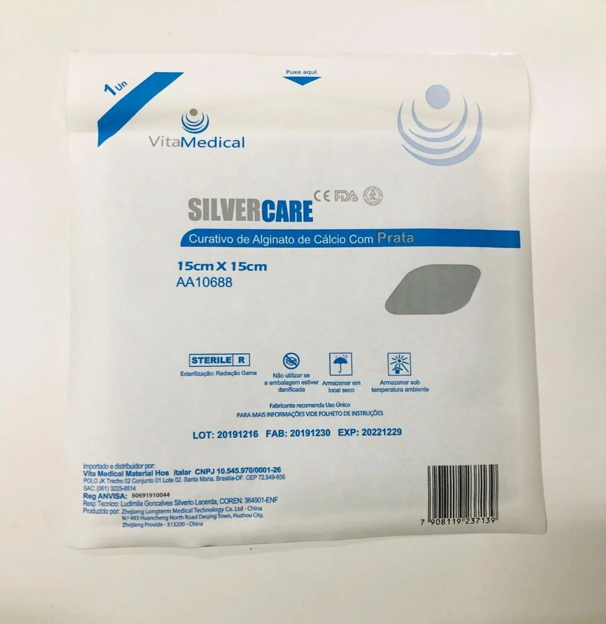 Curativo de Alginato de Cálcio com Prata 10cm x10cm Silvercare